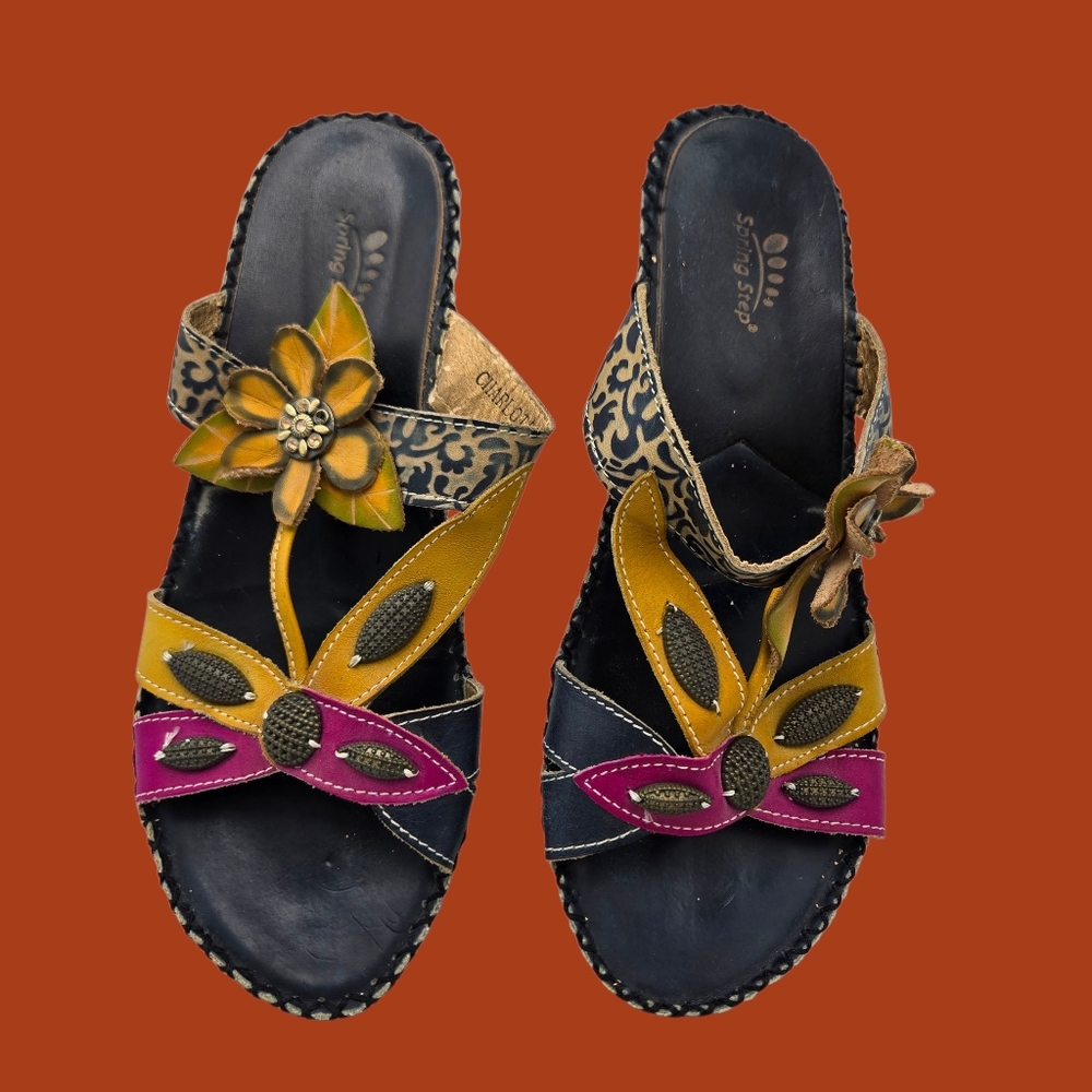 Spring Step L'Artiste Sandals SZ 41 Charlotte Leather Floral Multi Wedge